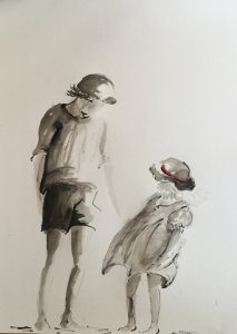 Original drawing of two children. Ink on paper, by Jenny Neill.