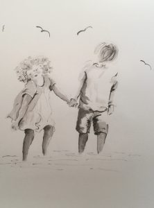 Original drawing of two children holding hands and paddling. Ink on paper, by Jenny Neill.