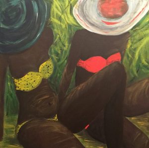 Original painting of two women in bikinis and hats. Acrylic gouache on canvas, by Jenny Neill.