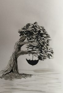 Original drawing of an umbrella hanging from a tree. Ink on paper, by Jenny Neill.