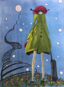 Original painting of a woman traveller. Watercolour on paper, by Jenny Neill.