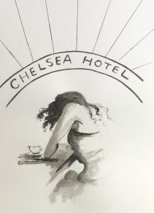 An original drawing of a woman at a hotel table. Ink on paper, by Jenny Neill.