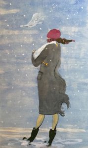 Original painting of a woman carrying bird in snow. Watercolour on paper, by Jenny Neill.