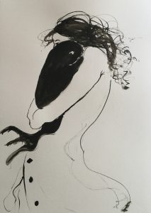 Original drawing of a woman carrying a small whale. Ink on paper, by Jenny Neill.
