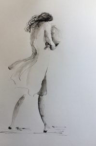 Original drawing of a woman cradling a child. Ink on paper, by Jenny Neill.