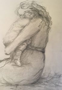 Original drawing of woman cradling child. Pencil on paper, by Jenny Neill.