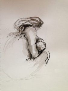Original drawing of a woman holding a baby. Ink on paper, by Jenny Neill.