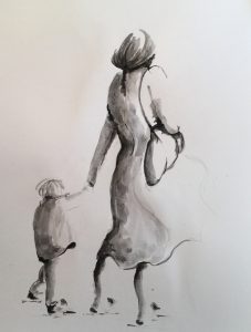 An original drawing of a woman holding the hand of a small child. Ink on paper, by Jenny Neill.