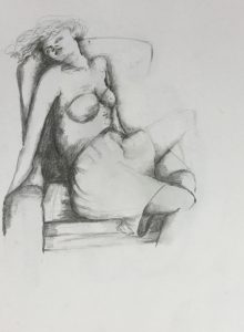 Original drawing of woman in armchair. Pencil on paper, by Jenny Neill.