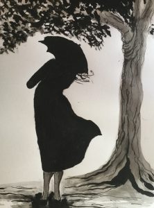 Original drawing of a woman in black with an umbrella under a tree. Ink on paper, by Jenny Neill.