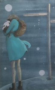 Original painting of woman in blue holding cat. Watercolour on paper, by Jenny Neill.