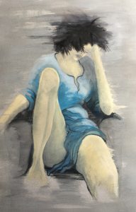 Original painting of a woman in blue on a chair. Watercolour on paper, by Jenny Neill.