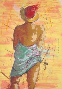 Original painting of woman in blue sarong. Watercolour on paper, by Jenny Neill.