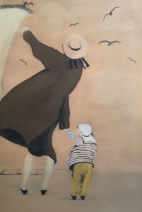 Original painting of woman in brown coat with child. Watercolour on paper, by Jenny Neill.