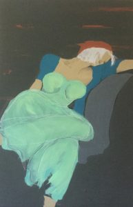 Original painting of a woman in a green dress reclining. Acrylic gouache on canvas by Jenny Neill.