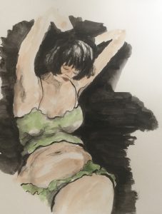Original painting of a woman in green. Watercolour on paper, by Jenny Neill.