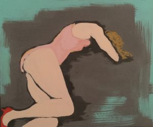 Original painting of a woman in pink with red shoes, lying down. Acrylic gouache on canvas, by Jenny Neill.