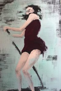 Original painting of a woman in a dark red dress punting. Acrylic gouache on card, by Jenny Neill.
