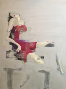 Original painting of a woman in a red dress seated. Acrylic gouache on canvas, by Jenny Neill.