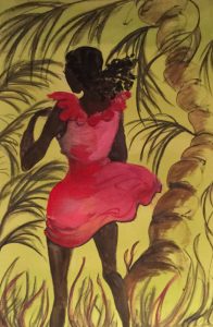 Original painting of woman in red dress under palm trees. Watercolour on paper, by Jenny Neill.