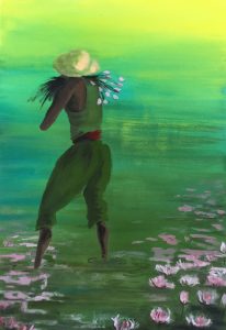 Original painting of woman in water collecting flowers. Watercolour on paper, by Jenny Neill.