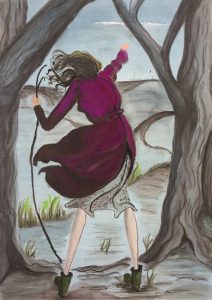 Original painting of woman in woods with stick. Watercolour on paper, by Jenny Neill.