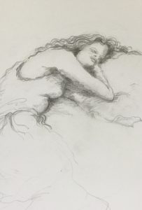 Original drawing of woman lying on bed. Pencil on paper, by Jenny Neill.