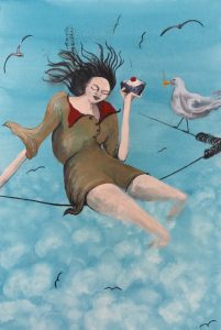 Original painting of woman on wire holding cupcake. Watercolour on paper, by Jenny Neill.