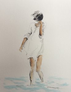 Original painting of woman paddling. Watercolour on paper, by Jenny Neill.