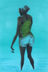 Original painting of woman paddling. Watercolour on paper, by Jenny Neill.