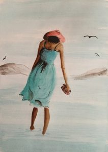 Original painting of woman paddling holding sandals. Watercolour on paper, by Jenny Neill.