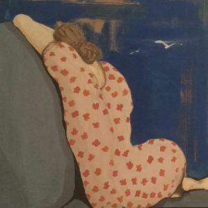 Original painting of a woman in patterned dress reclining on chair. Acrylic gouache on canvas, by Jenny Neill.