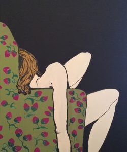 An original painting of a woman relaxing in a flowered armchair. Acrylic gouache on canvas, by Jenny Neill.