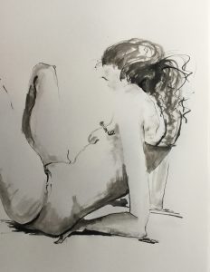 Original drawing of a woman resting on her elbows. Ink on paper, by Jenny Neill.