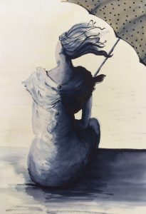 Original drawing of a woman seated, holding an umbrella. Ink on paper, by Jenny Neill.