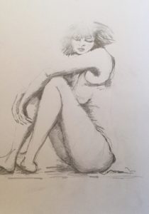 Original drawing of woman sitting. Pencil on paper, by Jenny Neill.