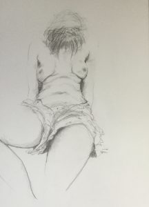 Original drawing of woman sitting. Pencil on paper, by Jenny Neill.