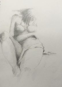 Original drawing of woman sitting. Pencil on paper, by Jenny Neill.