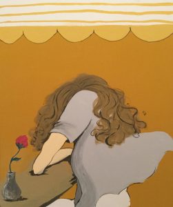 Original painting of a woman sitting at a cafe. Acrylic gouache on canvas, by Jenny Neill.