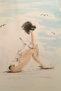 Original painting of woman sitting on beach. Watercolour on paper, by Jenny Neill.