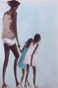 Original painting of woman walking with two children. Watercolour on paper, by Jenny Neill.