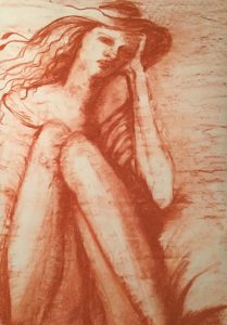 Original drawing of woman with hat. Charcoal on paper, by Jenny Neill.