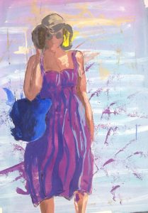 Original painting of woman with hat and bag. Watercolour on paper, by Jenny Neill.