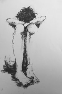 Original drawing of woman with head on knees. Charcoal on paper, by Jenny Neill.