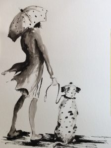 An original drawing of a woman with spotted dog and umbrella. Ink on paper, by Jenny Neill.