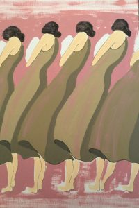 An original painting of women in line holding babies. Acrylic gouache on canvas, by Jenny Neill.