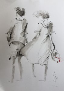 Original drawing of a young couple holding hands. Ink on paper, by Jenny Neill.