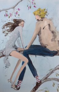 Original painting of young couple sitting on branch. Watercolour on paper, by Jenny Neill.