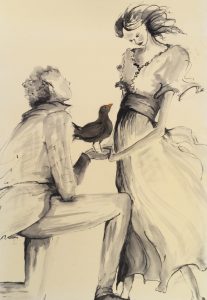 Original drawing of a young couple with a bird. Ink on paper, by Jenny Neill.