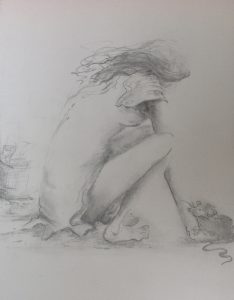 Original drawing of young girl playing with mouse. Pencil on paper, by Jenny Neill.
